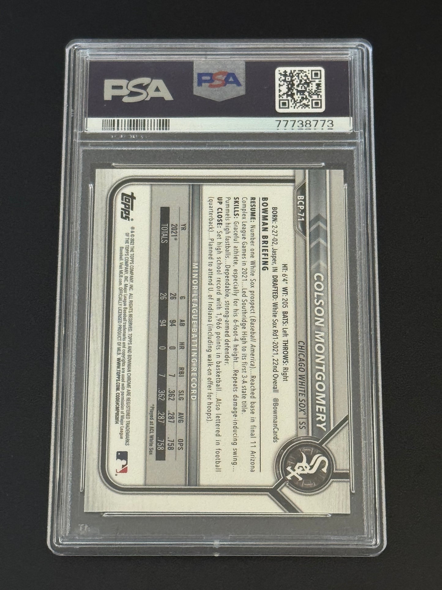 BASEBALL - 2022 Bowman Chrome Mega Box - Colson Montgomery PSA 9/Auto 10 #BCP-71 - Chicago White Sox