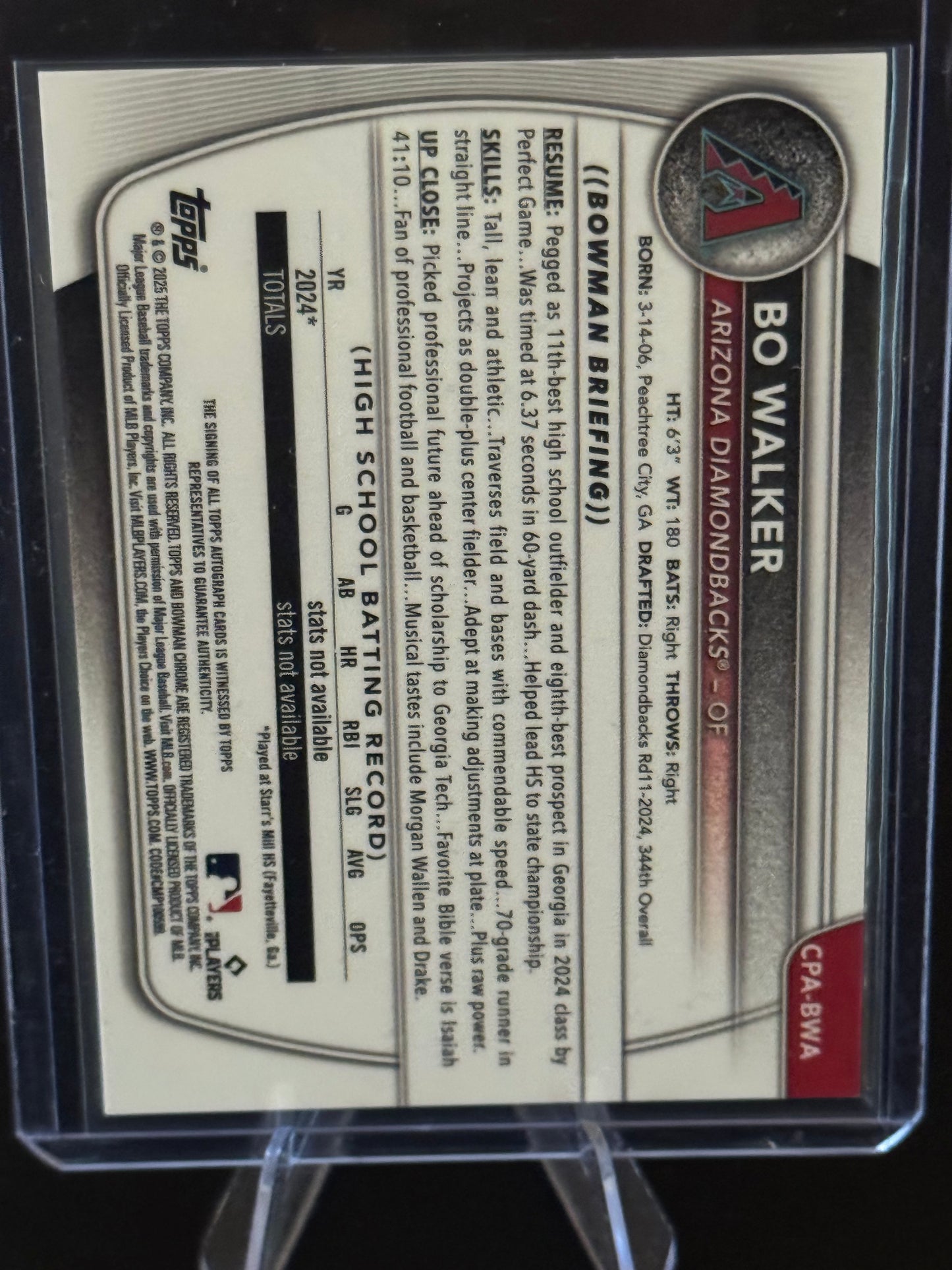 BASEBALL - 2025 Bowman Chrome Bo Walker 1st Chrome Black Refractor Auto 1/10 - 1st On Print