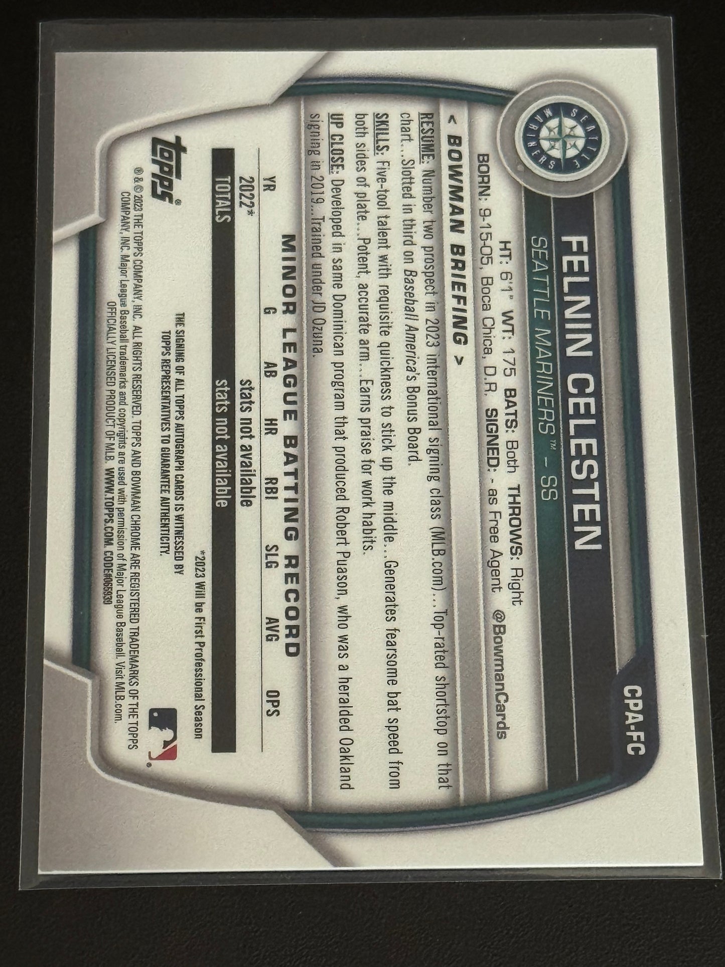 BASEBALL - 2023 Bowman Chrome - Prospect Autographs Felnin Celesten #CPA-FC Choice Mojo Refractor - /150 Seattle Mariners