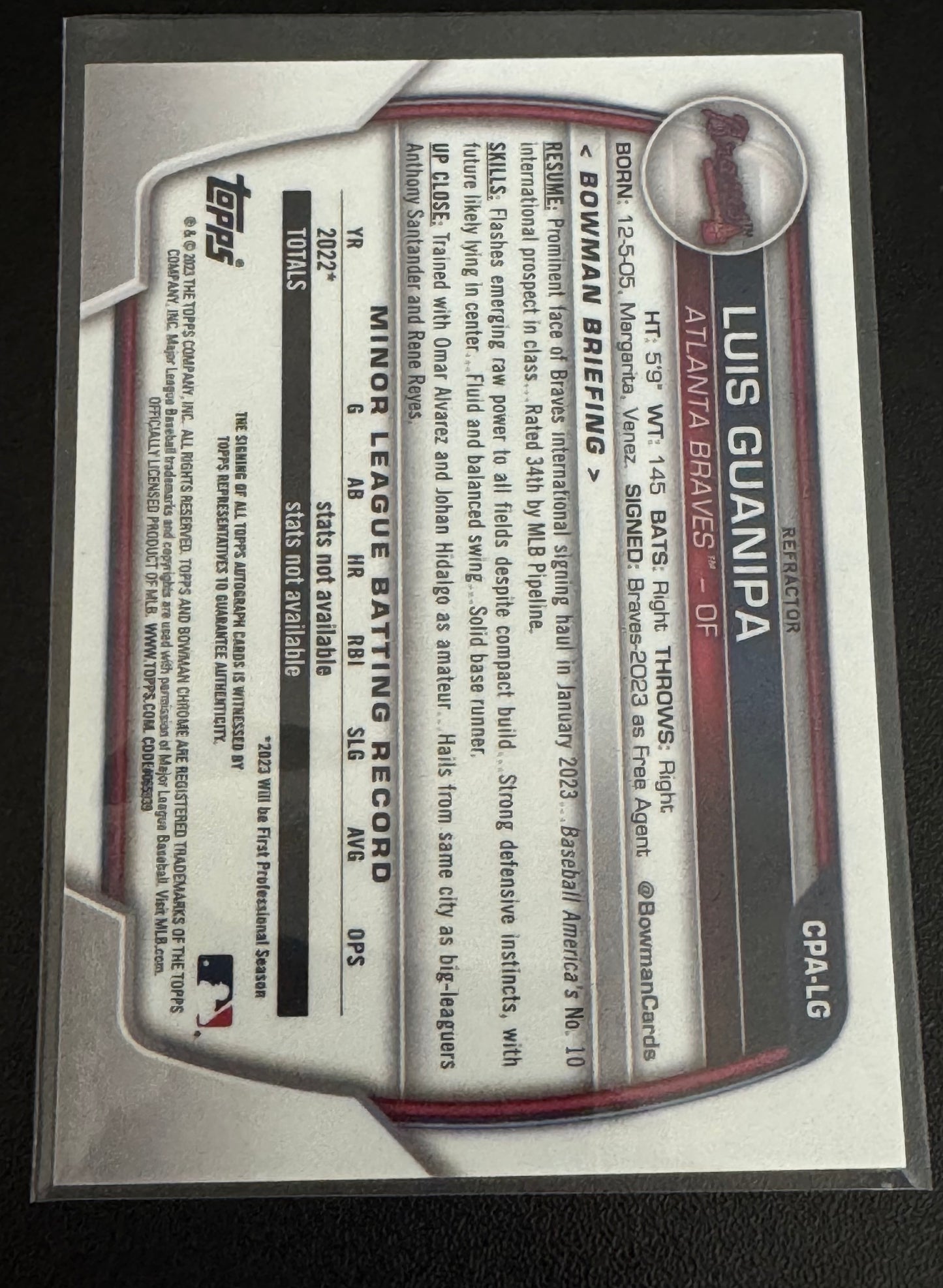 BASEBALL - 2023 Bowman Chrome - Prospect Autographs Luis Guanipa #CPA-LG Refractor /499 Atlanta Braves