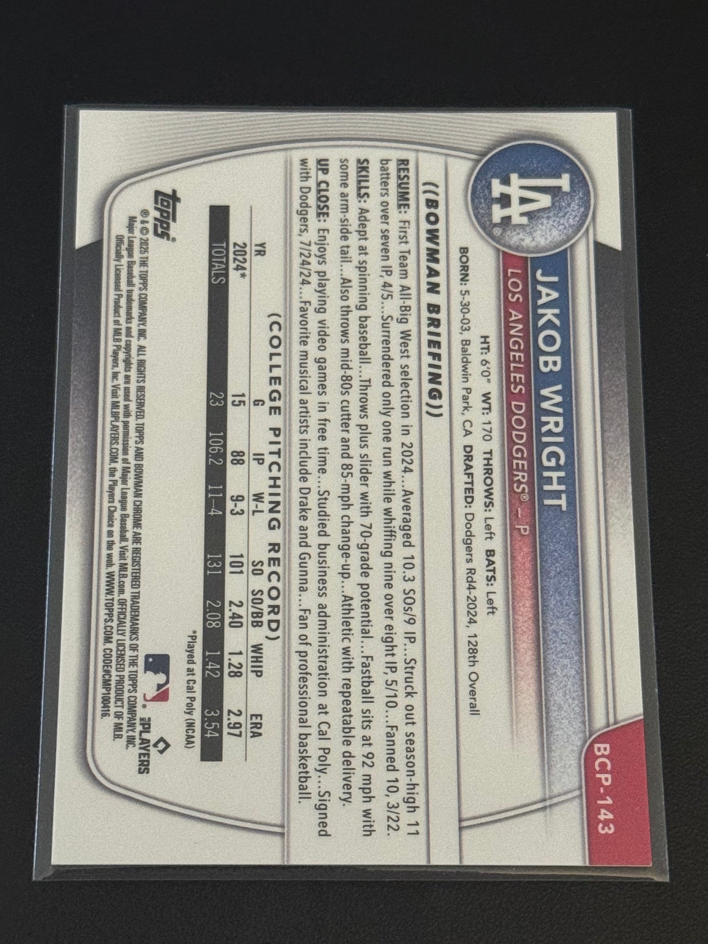 BASEBALL - 2025 Bowman Chrome - Prospects Jakob Wright *Color Match* #BCP-143 Blue Ray Wave Refractor /150 Los Angeles Dodgers