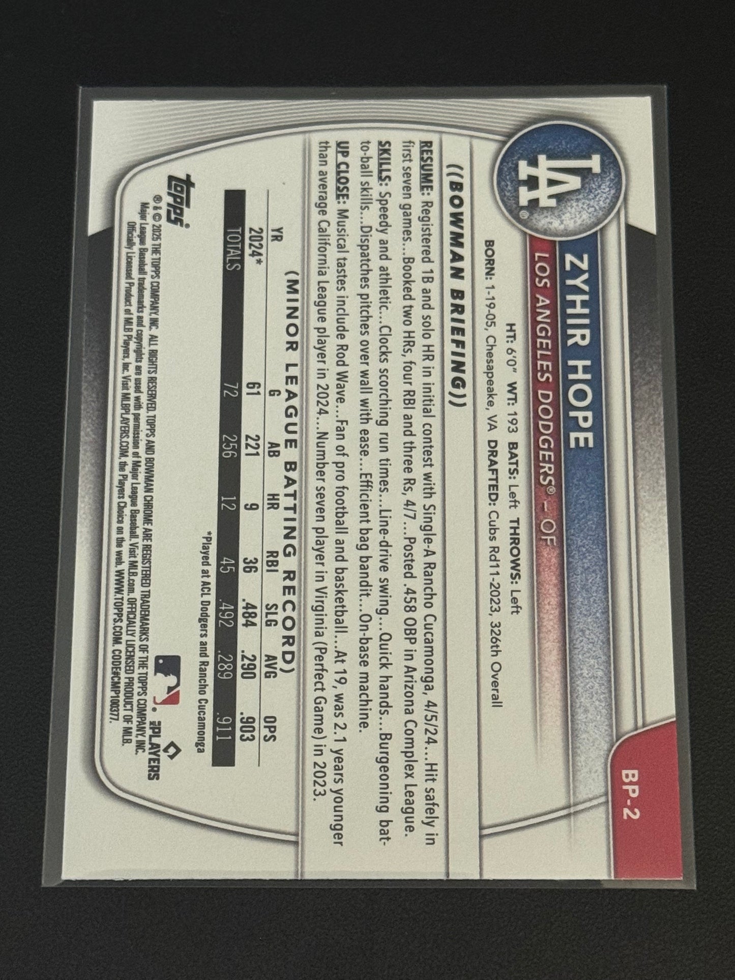 BASEBALL - 2025 Bowman - Prospects Zyhir Hope #BP-2 Purple /250 - Los Angeles Dodgers