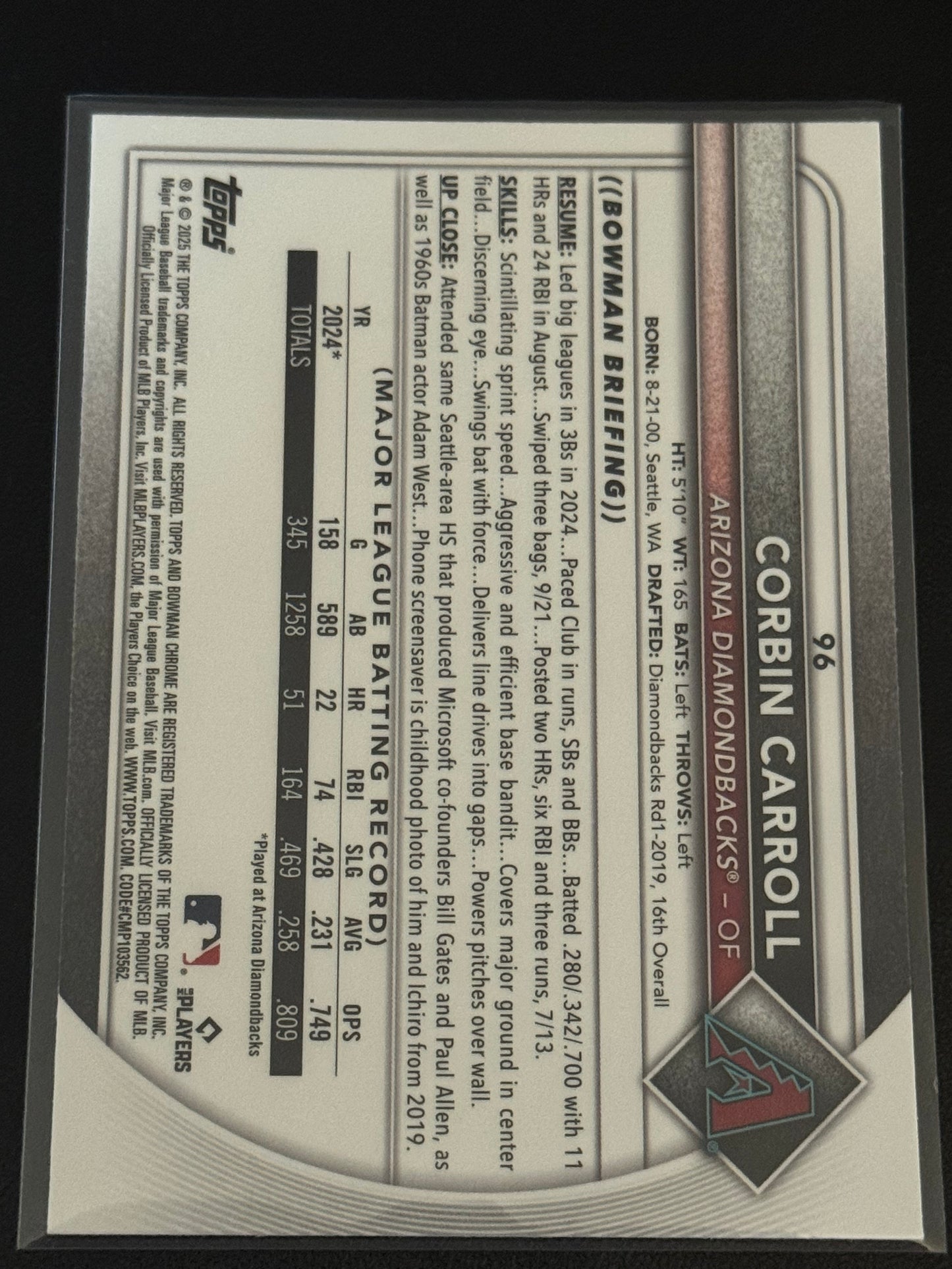 BASEBALL - 2025 Bowman - Corbin Carroll #96 Blue /150 - Arizona Diamondbacks