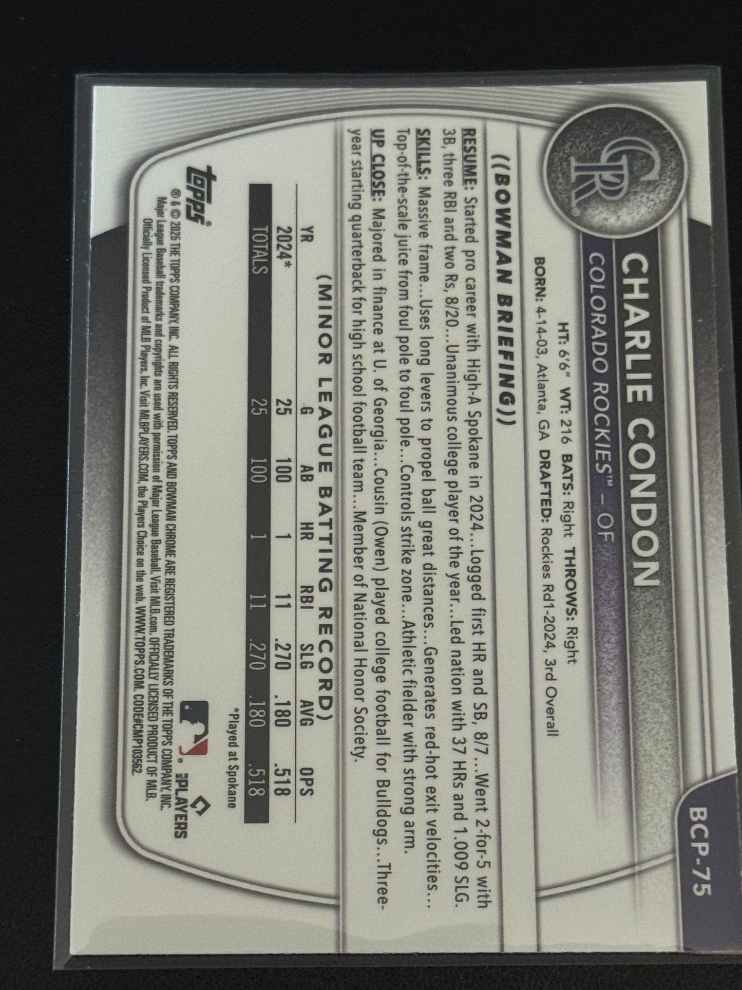 BASEBALL - 2025 Bowman Chrome - Charlie Condon 1st Prospect Mega Box Mojo DC BCP-75 - Colorado Rockies