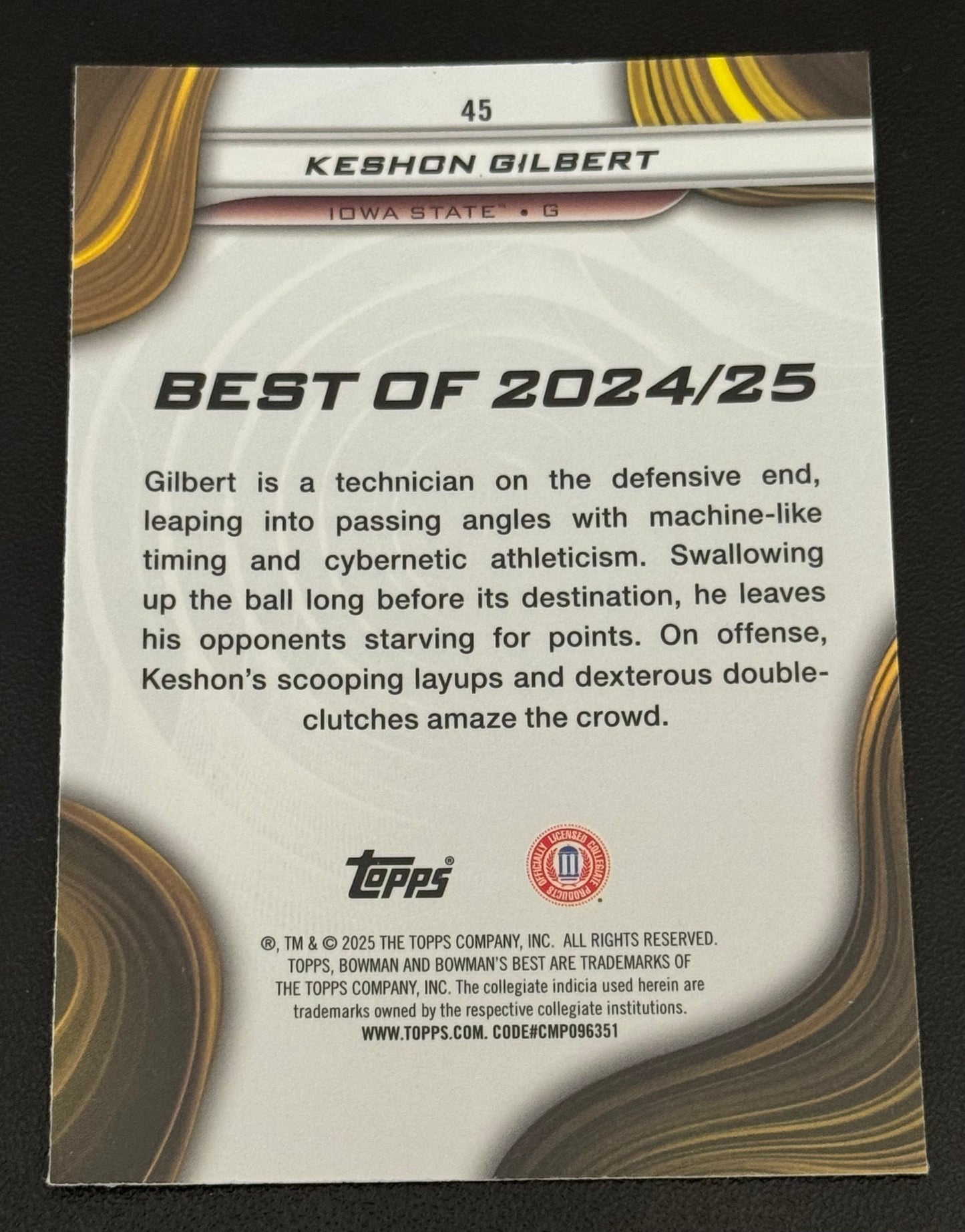 BASKETBALL - 2025 Bowman Best U #45 Keshon Gilbert - Purple /250 Iowa State Cyclones