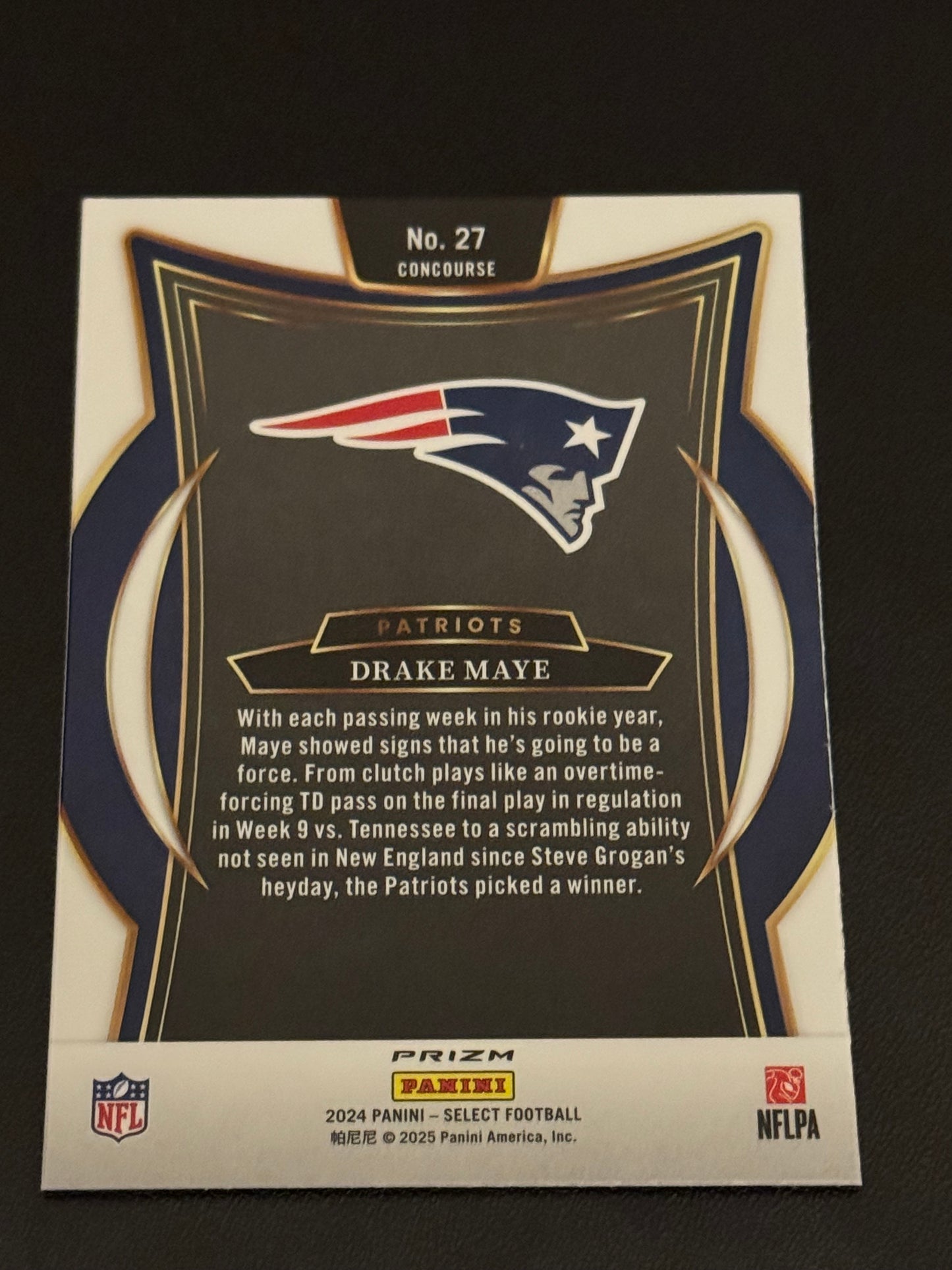 FOOTBALL - 2024 Panini Select - Drake Maye Rookie Red & Blue Prizm Shock Concourse Level RC #27 New England Patriots
