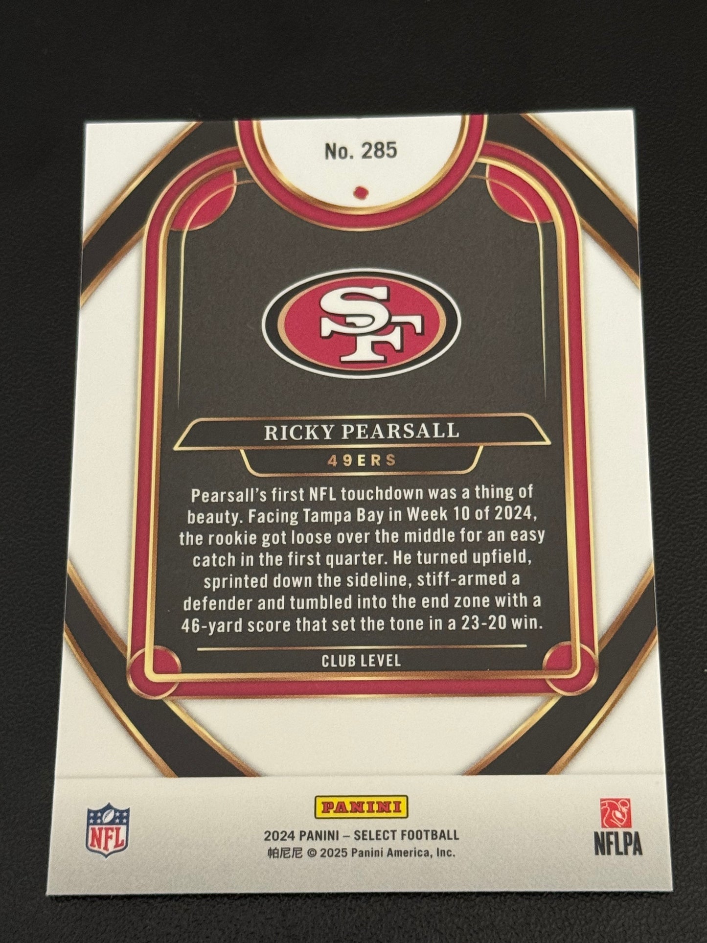 FOOTBALL - 2024 Panini Select Ricky Pearsall Rookie Club Level RC #285 - San Francisco 49'ers
