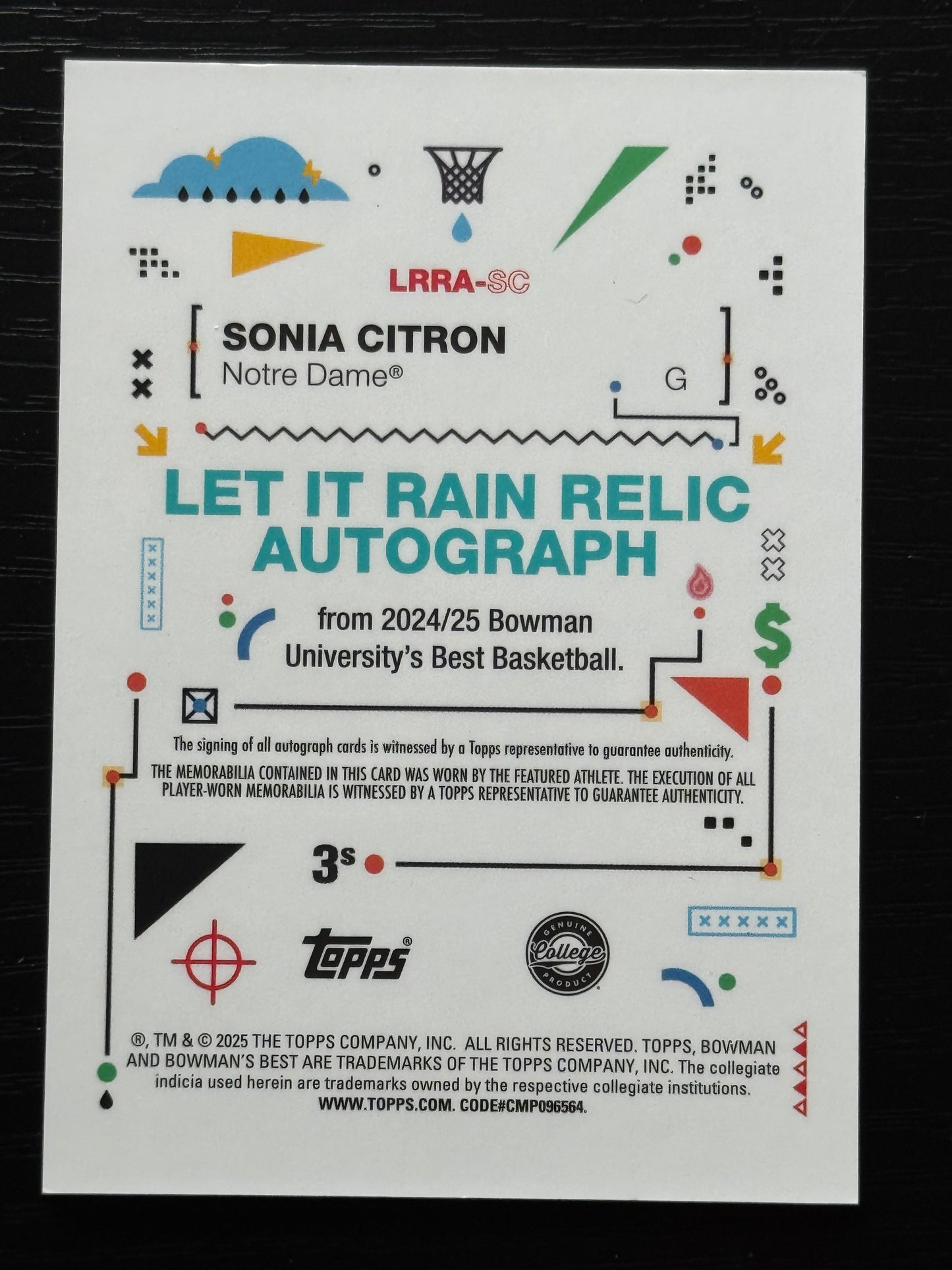 BASKETBALL - 2024-25 Bowman’s Best University - Sonia Citron "Let It Rain" Patch Auto /50 Notre Dame Fighting Irish