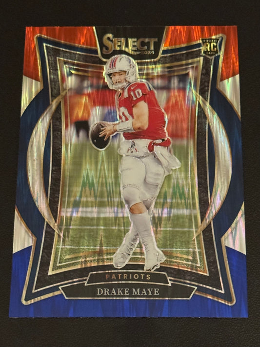 FOOTBALL - 2024 Panini Select - Drake Maye Rookie Red & Blue Prizm Shock Concourse Level RC #27 New England Patriots